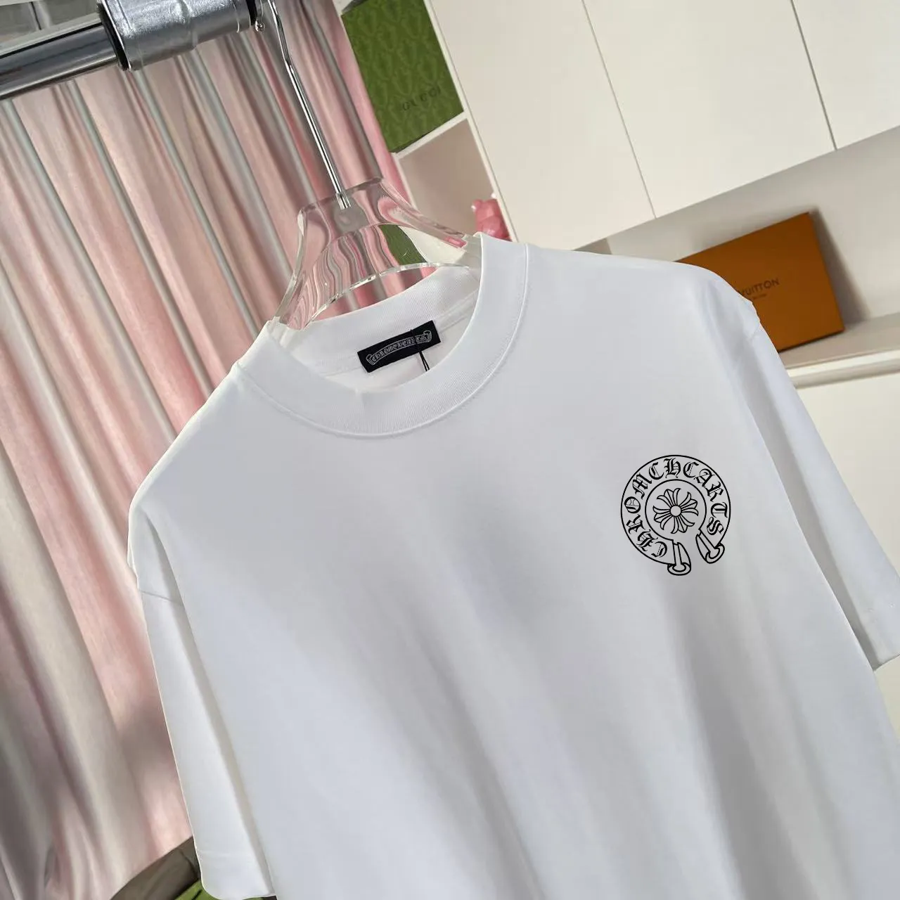 🅿️170 ch Cro* 2025 summer new style Sanskrit cross horseshoe print short-sleeved T-shirt customized fabric 300g same style for men and women Size: S M L XL XXL five sizes Color: black white pink iron gray